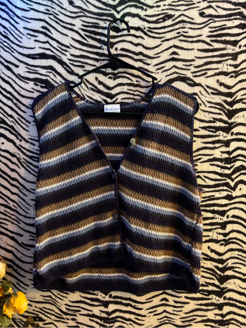 Striped Knit Button-Up Vest In Navy, Brown & Cream
